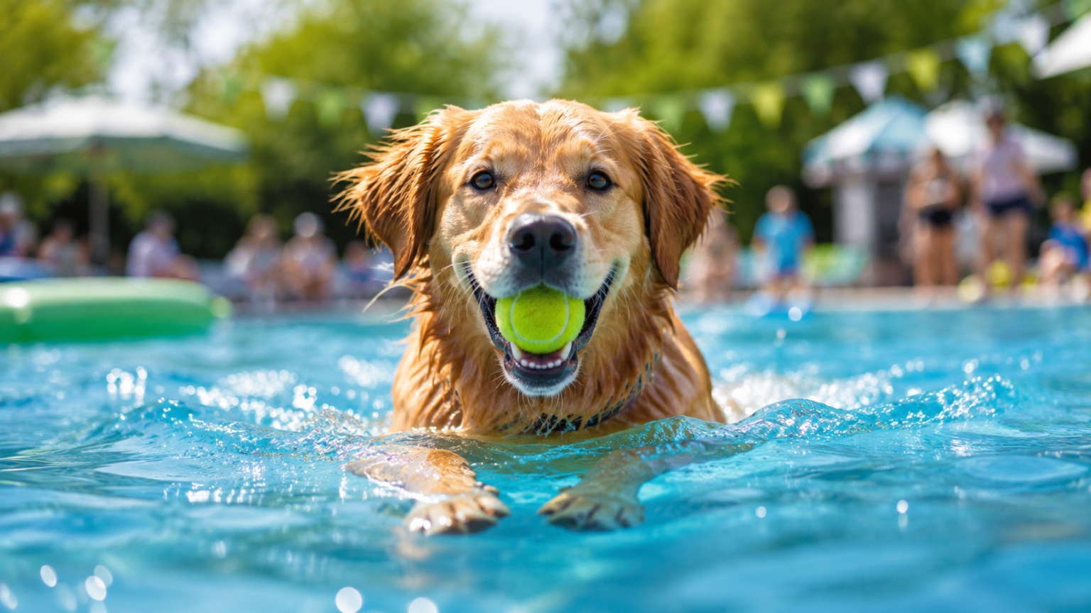 Hundeschwimmen Hund schwimmt mit einem Tennisball im Maul im Schwimmbecken