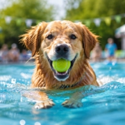 Hund schwimmt mit einem Tennisball im Maul im Schwimmbecken