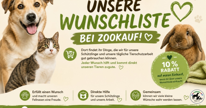 Wunschliste der Tiernothilfe Hagen bei Zookauf mit Hund, Katze und Kaninchen