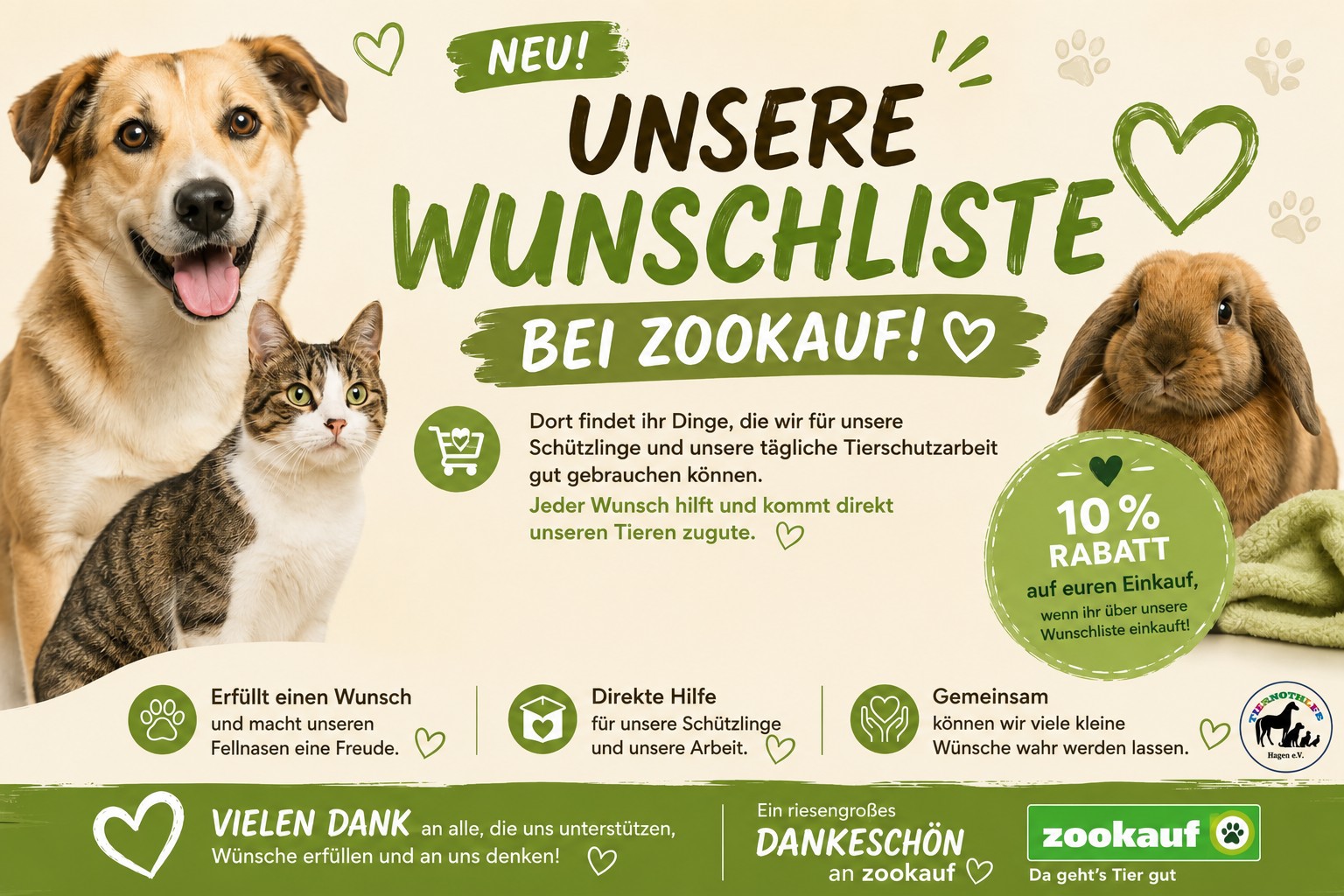 Wunschliste der Tiernothilfe Hagen bei Zookauf mit Hund, Katze und Kaninchen