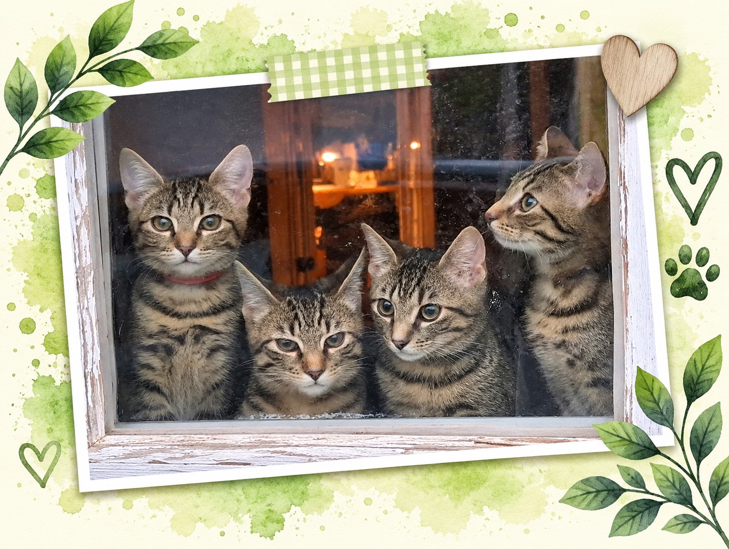 Vier junge getigerte Katzen schauen gemeinsam durch ein Fenster